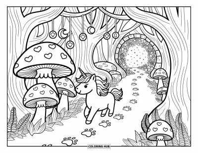 Coloriage de chien licorne pour adultes : Chien licorne sur un sentier forestier bordé de champignons et d'une arche de pierre lumineuse