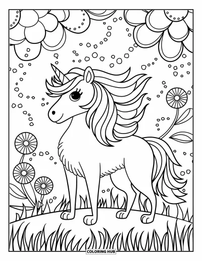 Coloriage de chien licorne pour adultes : Chien licorne à la crinière ondoyante encadré de fleurs et de spirales à pois