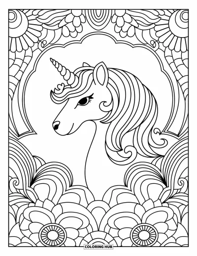 Coloriage de chien licorne pour adultes : Chien licorne à la crinière ondoyante encadré de spirales et de motifs floraux