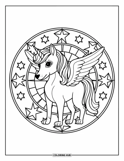 Coloriage de chien licorne pour adultes : Chien licorne aux ailes repliées à l'intérieur d'un cercle étoilé en vitrail