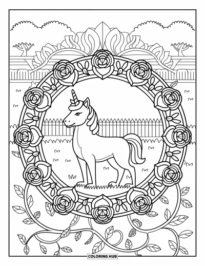 Coloriage de chien licorne pour adultes : Chien licorne avec une corne et des roses dans un champ verdoyant avec une clôture et des arbres