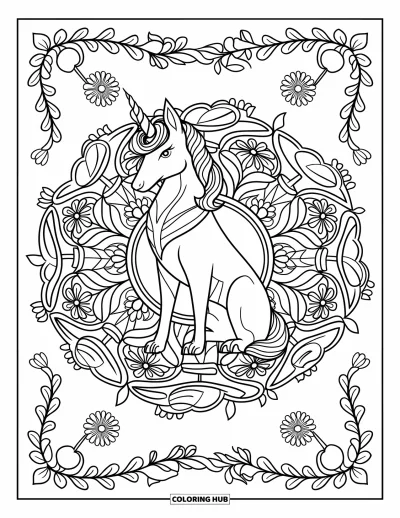 Coloriage de chien licorne pour adultes : Chien licorne à la corne spiralée encadré d'un mandala floral et de bordures de lianes