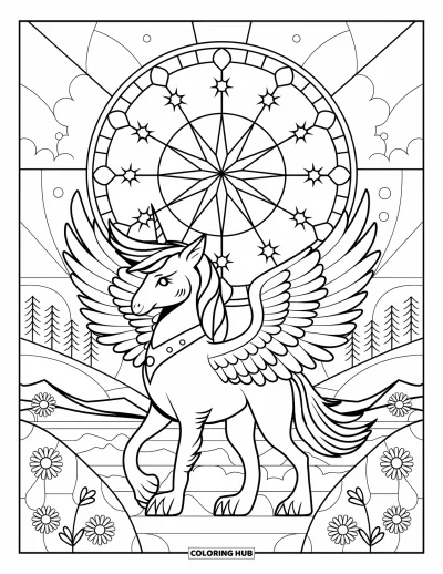 Coloriage de chien licorne pour adultes : Chien licorne avec des ailes et une couronne devant un vitrail et un paysage de montagne