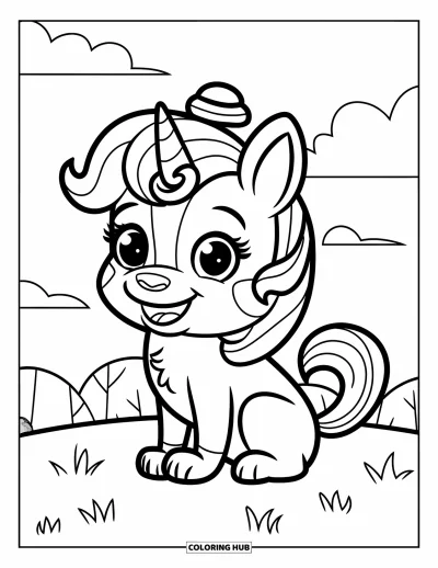 Coloriage de chien licorne pour enfants : Joyeux chien licorne avec un chapeau dans un champ fleuri