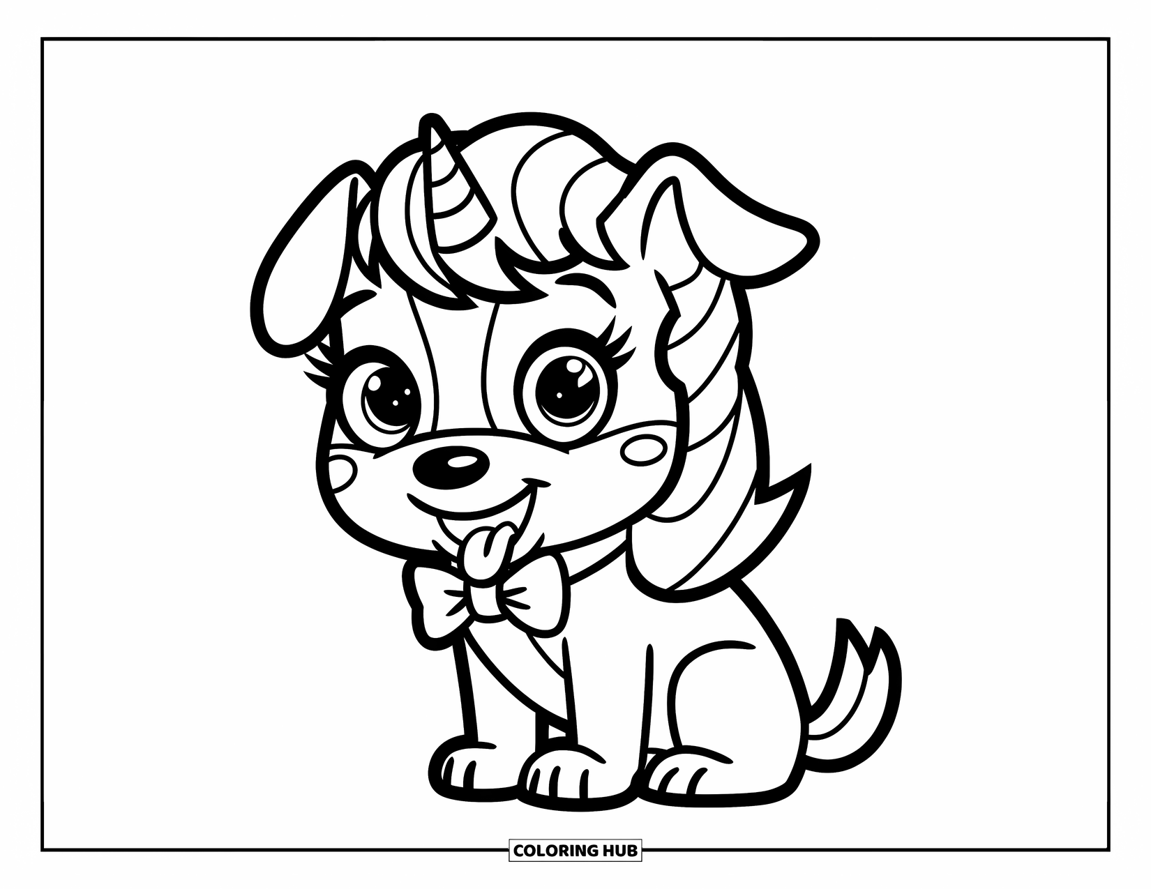 Unicorn Dog Coloring Page for Kids: Playful unicorn dog with bowtie and wagging tongue