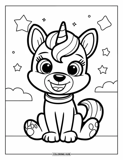 Coloriage de chien licorne pour enfants : Chien licorne souriant assis avec la queue enroulée