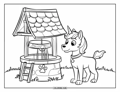 Coloriage de chien licorne pour enfants : Chien licorne près d'un puits avec un seau