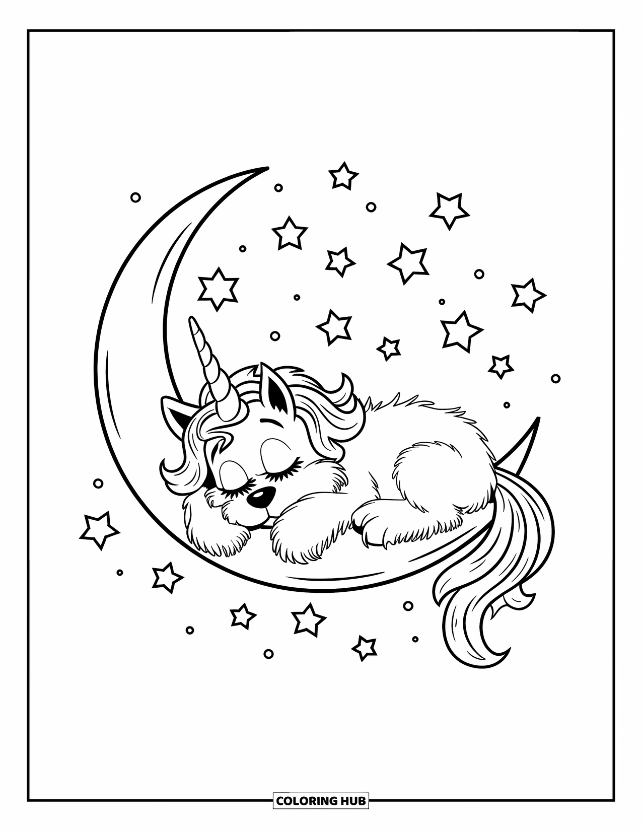 Unicorn Dog Coloring Page for Kids: Unicorn dog curled on moon under starry sky
