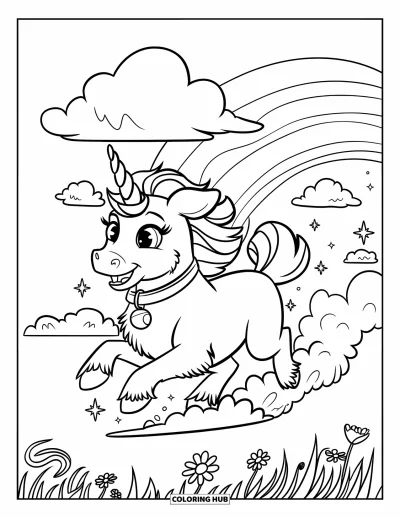 Coloriage de chien licorne pour enfants : Chien licorne bondissant avec un arc-en-ciel et des nuages