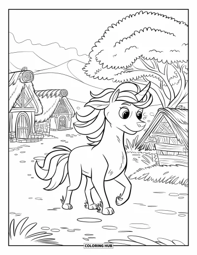 Coloriage de chien licorne pour enfants : Chien licorne explorant un village tranquille avec des collines