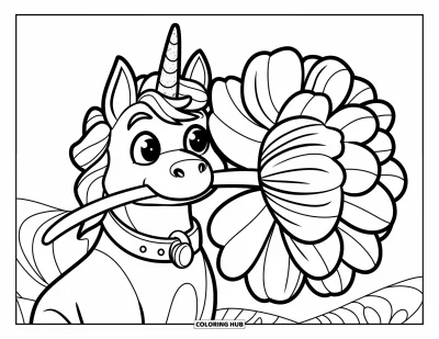 Coloriage de chien licorne pour enfants : Chien licorne tenant une grande fleur dans sa gueule