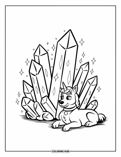 Coloriage de chien licorne pour enfants : Chien licorne allongé près d'un amas de cristaux lumineux