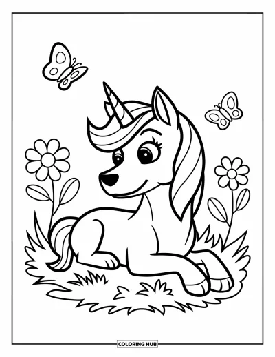 Coloriage de chien licorne pour enfants : Chien licorne allongé dans l'herbe avec des fleurs et des papillons