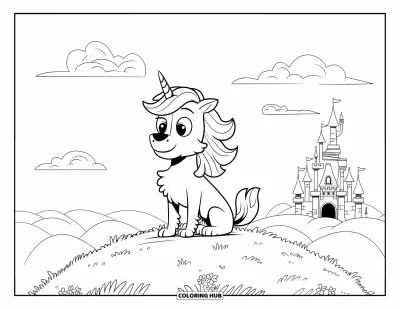 Coloriage de chien licorne pour enfants : Chien licorne sur une colline avec des fleurs et des tours de château
