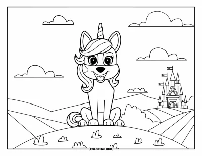 Coloriage de chien licorne pour enfants : Chien licorne au sommet d'une colline avec vue sur un château