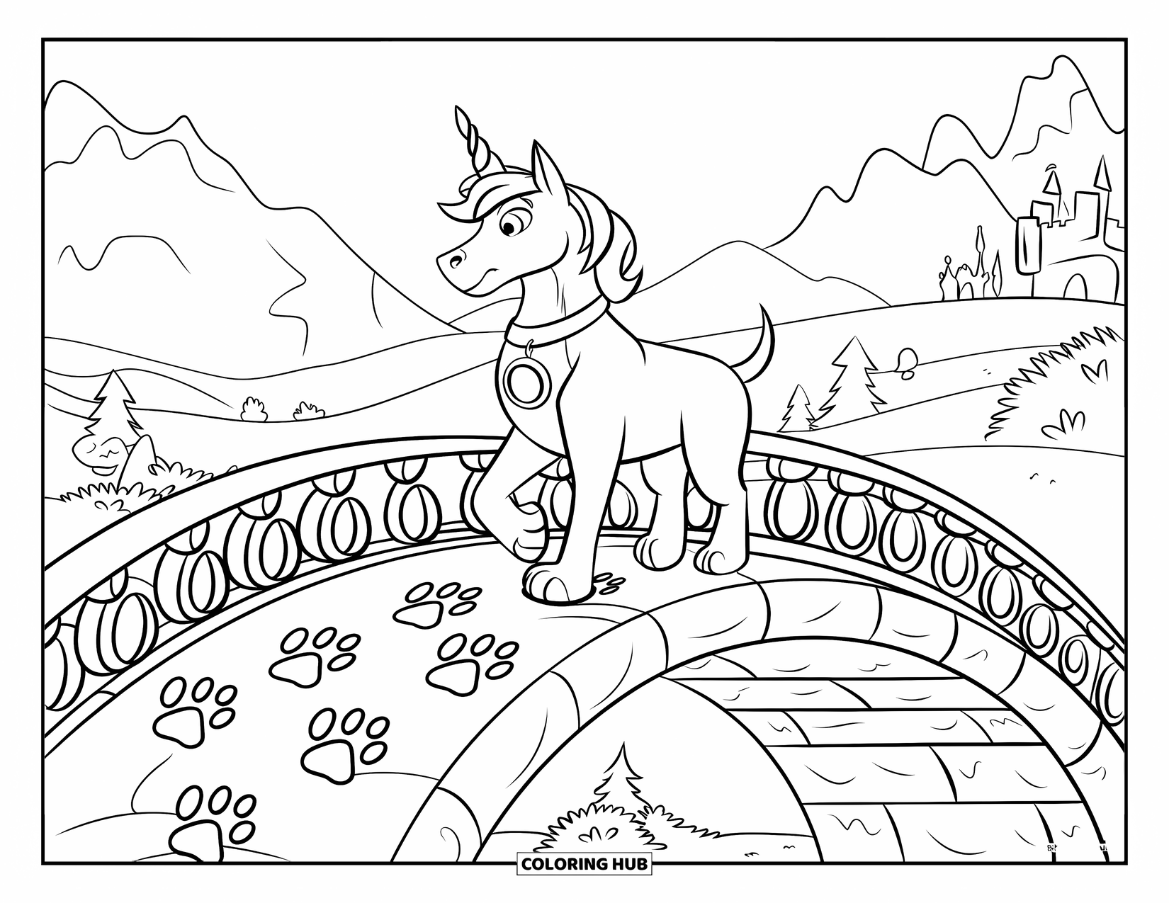 Unicorn Dog Coloring Page for Kids: Unicorn dog on ornate bridge with mountains and castle