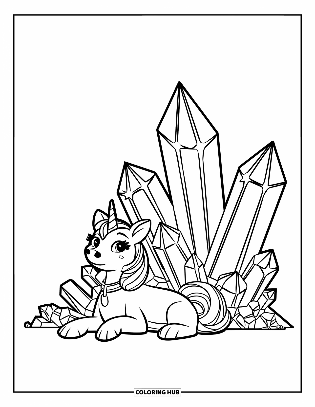 Unicorn Dog Coloring Page for Kids: Unicorn dog resting beside sparkling crystal formations