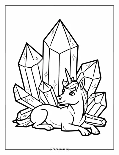 Coloriage de chien licorne pour enfants : Chien licorne se reposant à côté de hautes formations de cristaux