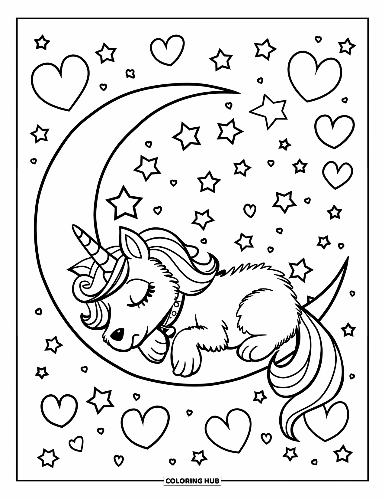 Unicorn Dog Coloring Page for Kids: Unicorn dog resting on crescent moon with hearts