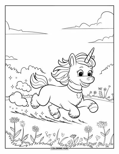 Coloriage de chien licorne pour enfants : Chien licorne courant avec une traînée de nuages scintillants