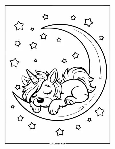 Coloriage de chien licorne pour enfants : Chien licorne endormi sur la lune dans un ciel étoilé