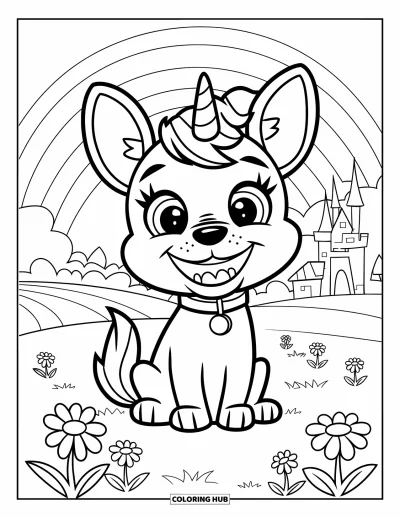 Coloriage de chien licorne pour enfants : Chien licorne souriant dans un champ avec un arc-en-ciel et un château