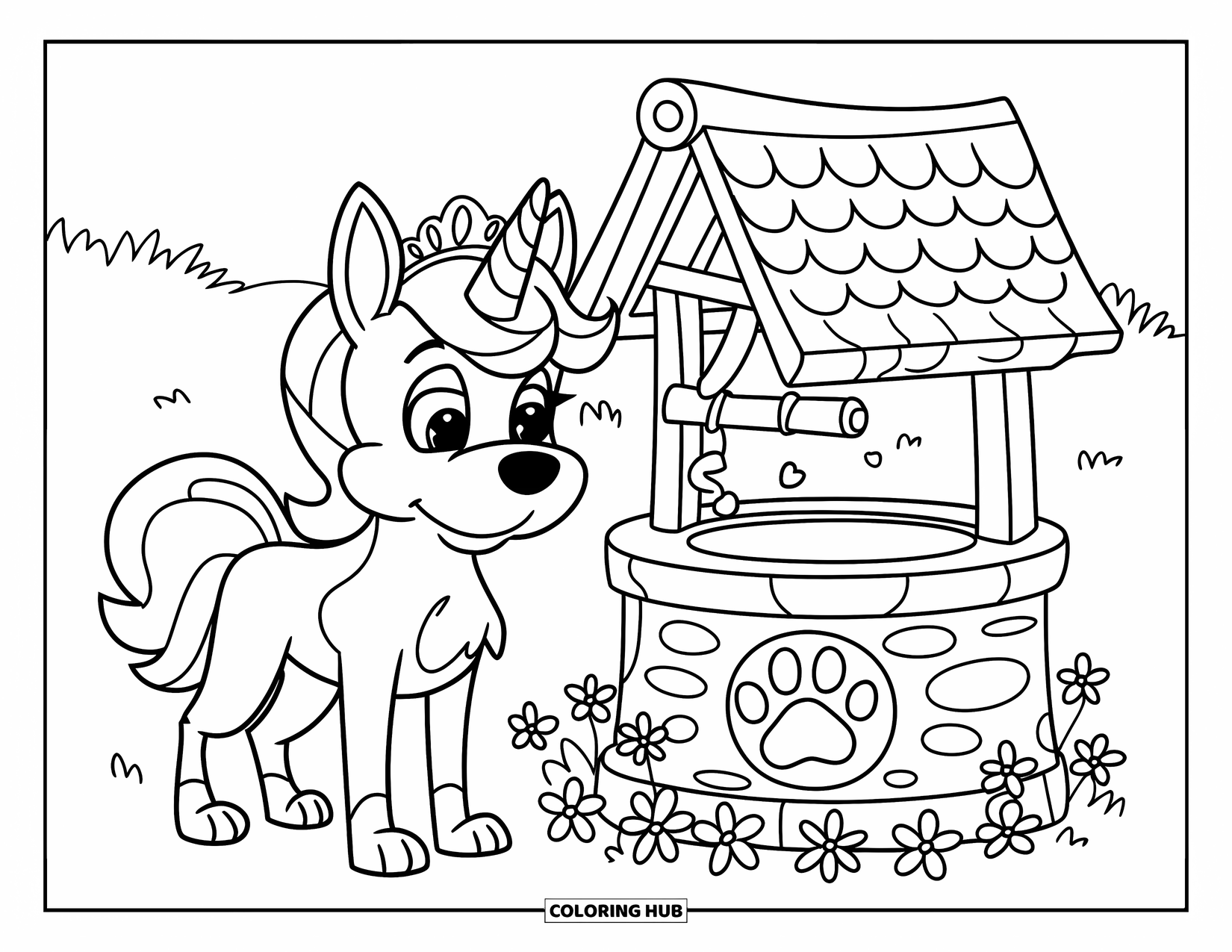 Unicorn Dog Coloring Page for Kids: Unicorn dog standing beside a magical wishing well