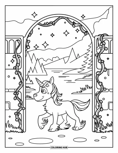 Coloriage de chien licorne pour enfants : Chien licorne franchissant une porte de lianes et d'étoiles