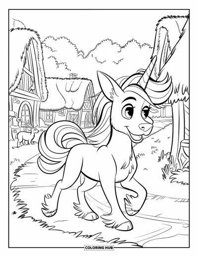 Coloriage de chien licorne pour enfants : Chien licorne se promenant dans un village avec des animaux de la forêt