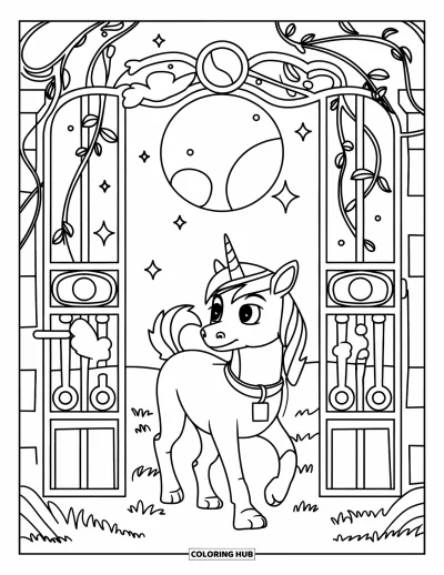 Coloriage de chien licorne pour enfants : Chien licorne traversant une porte de lianes céleste