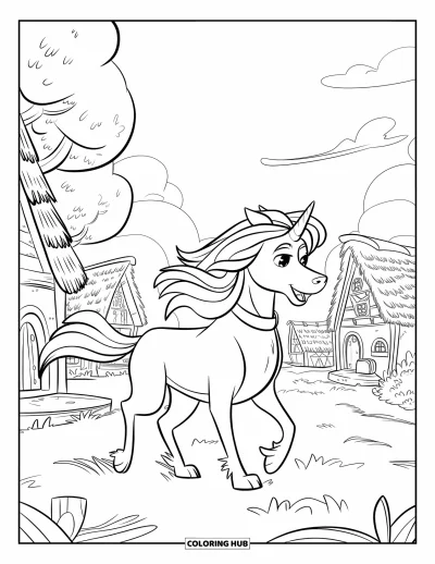 Coloriage de chien licorne pour enfants : Chien licorne traversant un village de chaumières