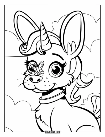 Coloriage de chien licorne pour enfants : Chien licorne avec un collier et un papillon sur le nez