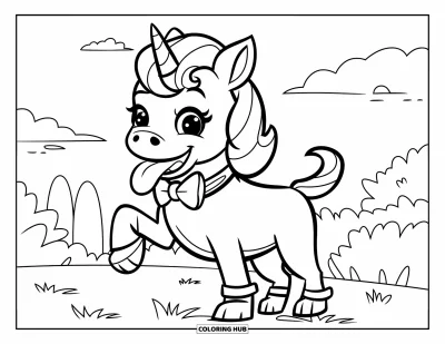 Coloriage de chien licorne pour enfants : Chien licorne avec un nœud papillon dans un champ verdoyant