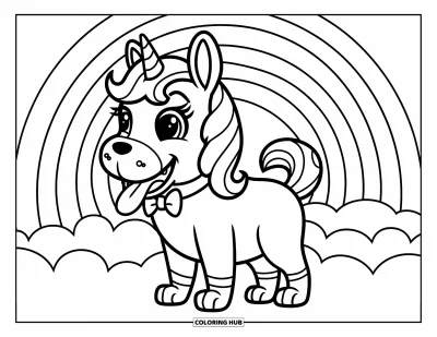 Coloriage de chien licorne pour enfants : Chien licorne avec un nœud papillon debout sur un nuage moelleux