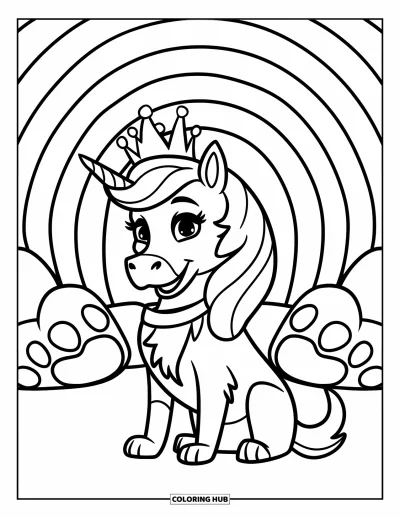 Coloriage de chien licorne pour enfants : Chien licorne avec une couronne près d'une porte arc-en-ciel