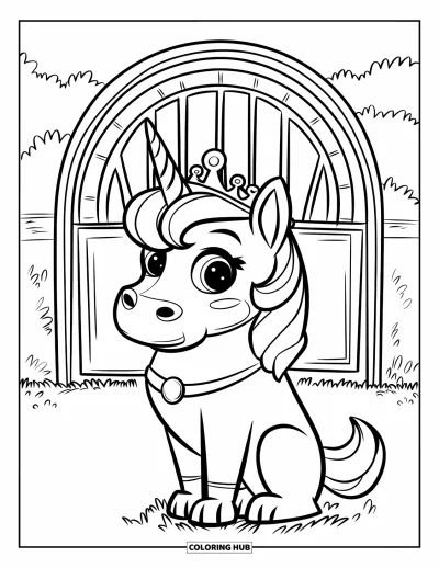 Coloriage de chien licorne pour enfants : Chien licorne avec une couronne assis devant une porte arc-en-ciel