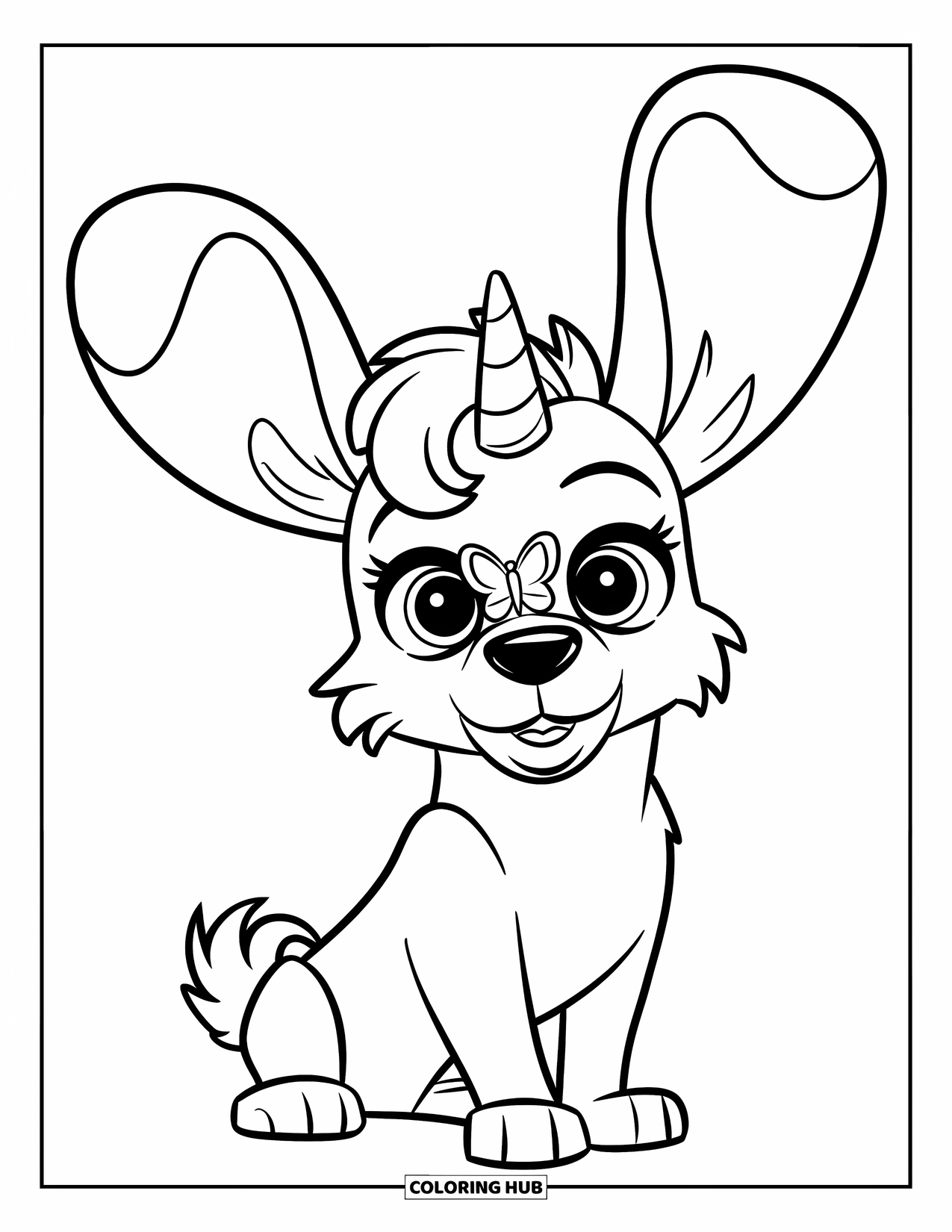 Unicorn Dog Coloring Page for Kids: Unicorn dog with floppy ears and butterfly friend