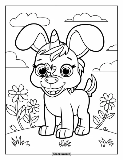 Coloriage de chien licorne pour enfants : Chien licorne aux grandes oreilles avec un papillon sur le nez