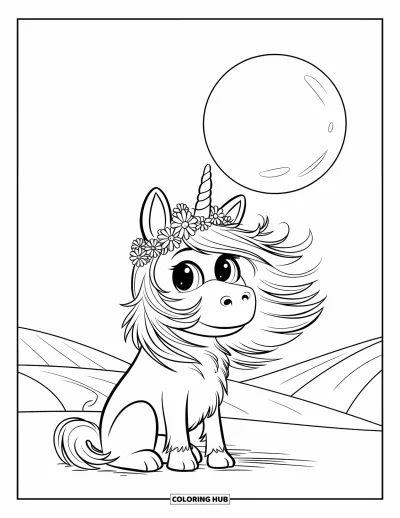 Coloriage de chien licorne pour enfants : Chien licorne avec une couronne de fleurs sous un ciel nocturne dégagé