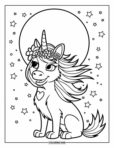 Coloriage de chien licorne pour enfants : Chien licorne avec une couronne de fleurs sous le clair de lune