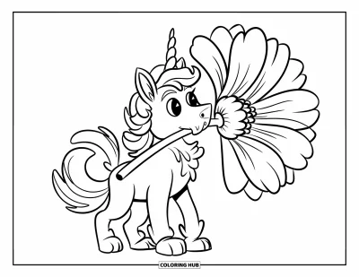 Coloriage de chien licorne pour enfants : Chien licorne à la crinière touffue portant une grande fleur