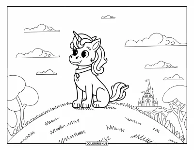 Coloriage de chien licorne pour enfants : Chien licorne à la crinière touffue assis sur une colline verdoyante