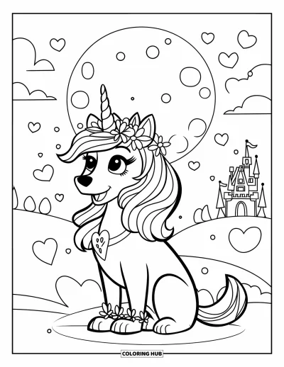 Coloriage de chien licorne pour enfants : Chien licorne avec un halo et des cœurs sous la lune
