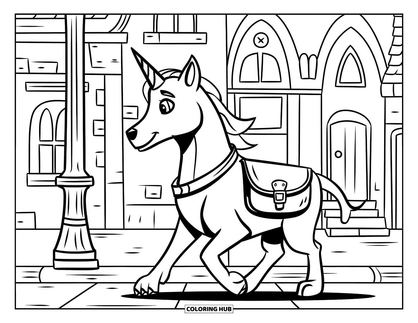 Unicorn Dog Coloring Page for Kids: Unicorn dog with satchel strolling a cobblestone street