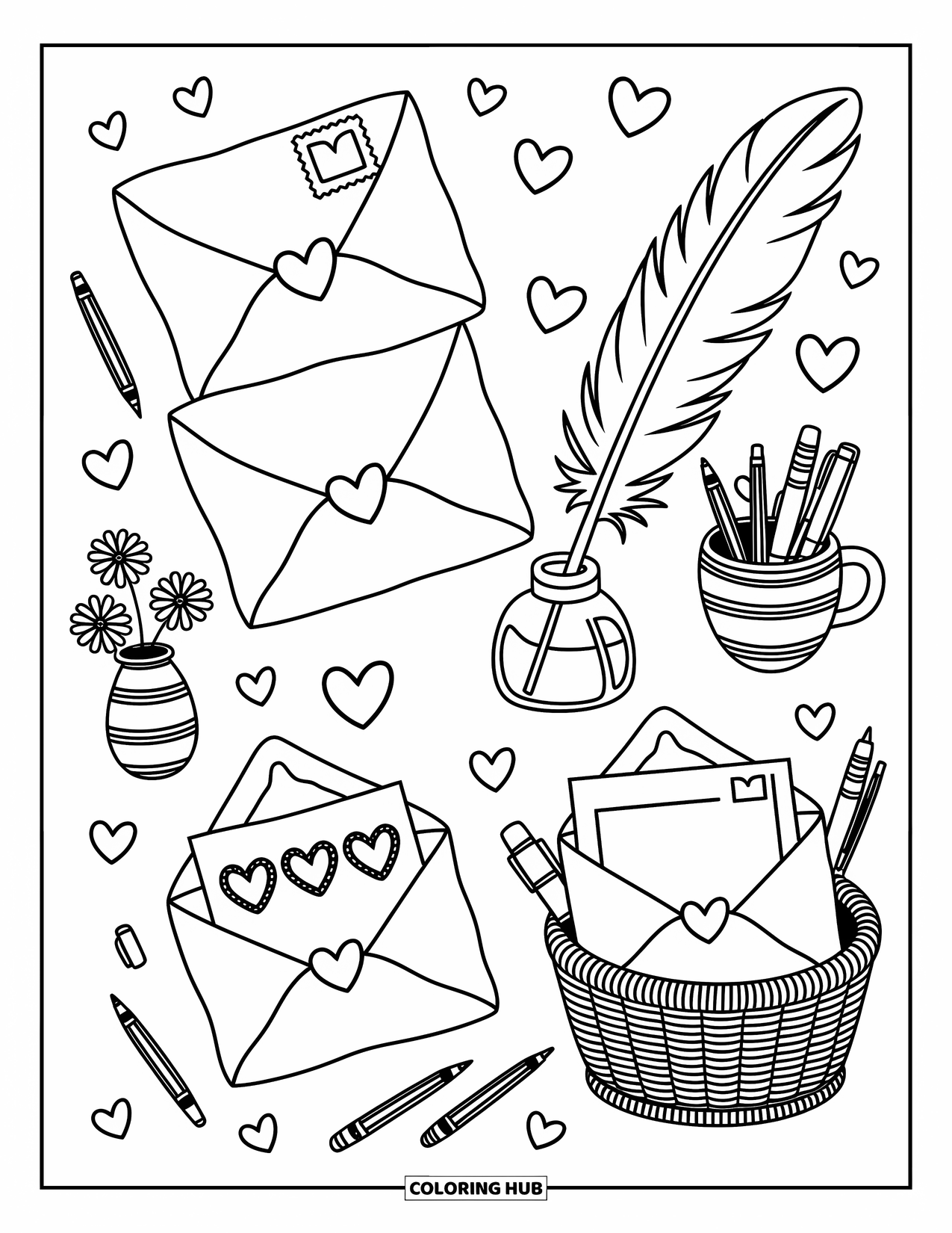 Valentine Coloring Page for Adults: A cozy desk with heart-sealed letters and a quill