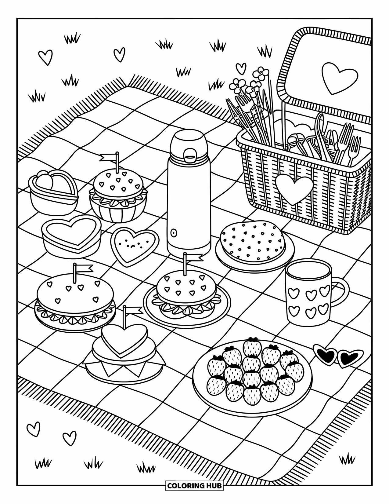 Valentine Coloring Page for Adults: A picnic blanket with sandwiches, cupcakes, and strawberries