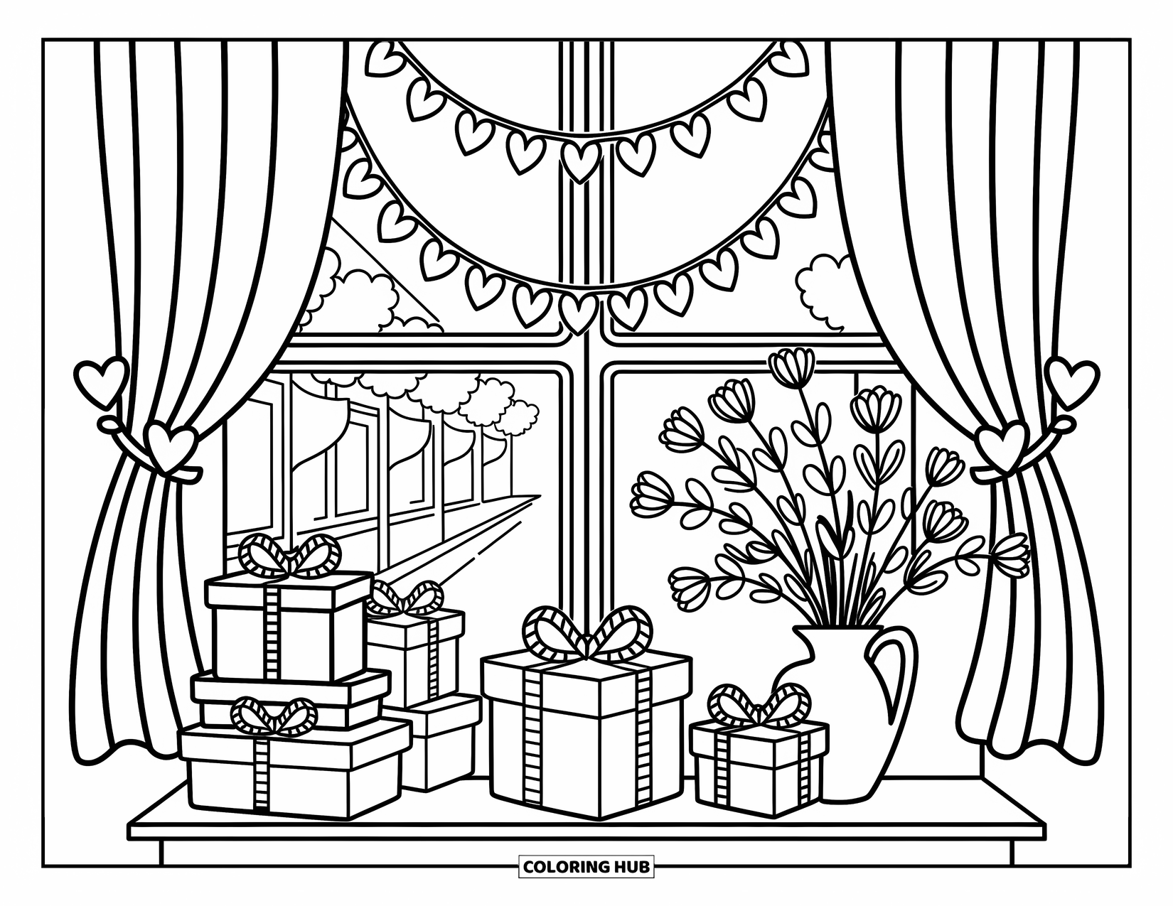 Valentine Coloring Page for Adults: A window with heart garlands, gifts, and flowers glowing in soft light