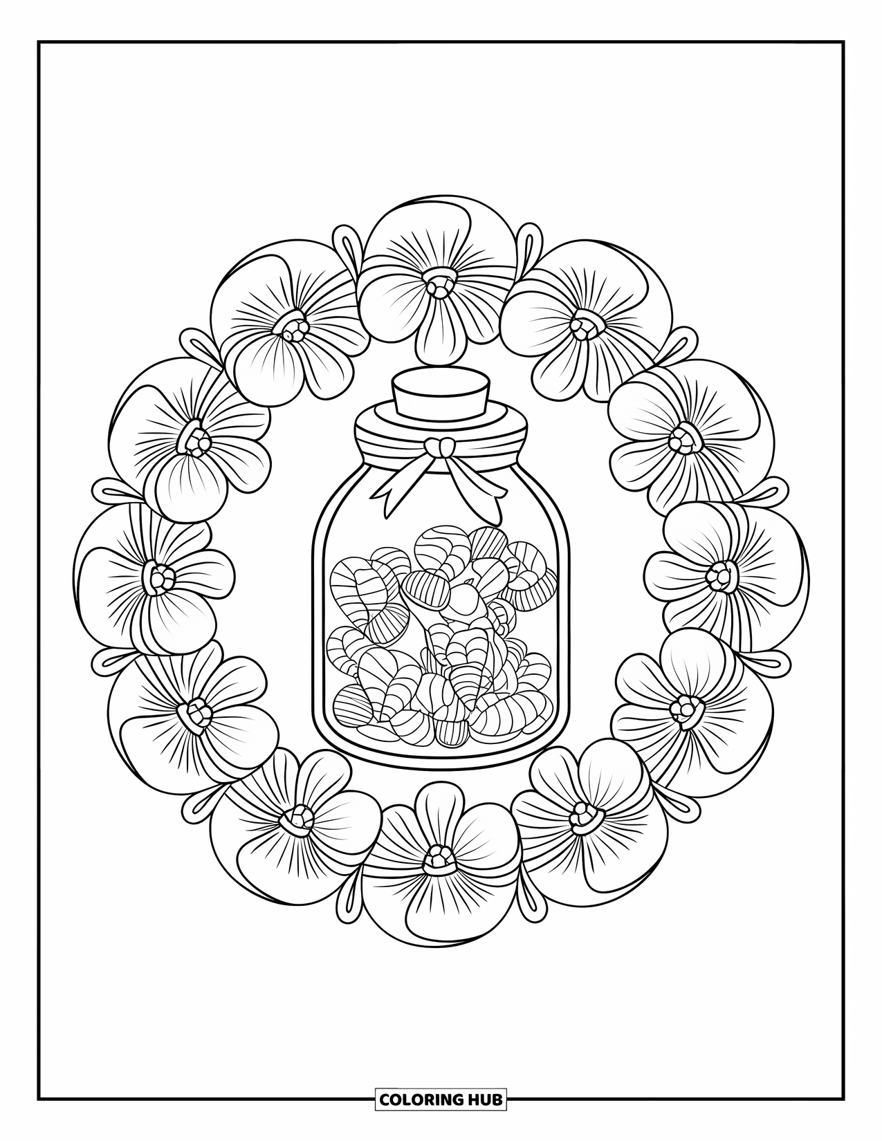 Valentine Coloring Page for Adults: Candy jar with flowers arranged in a circular mandala