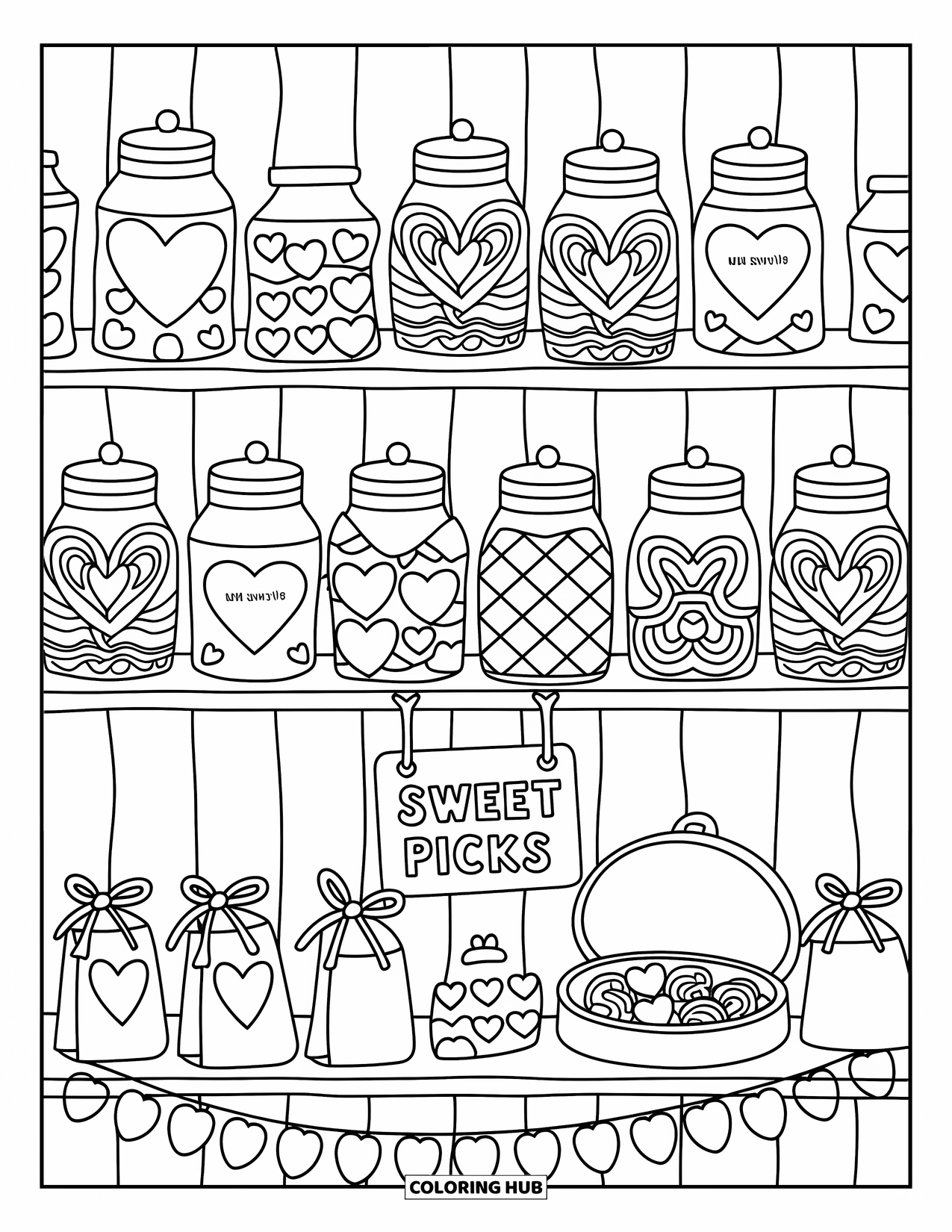 Valentine Coloring Page for Adults: Candy jars, heart lollipops, and truffle boxes on a shelf