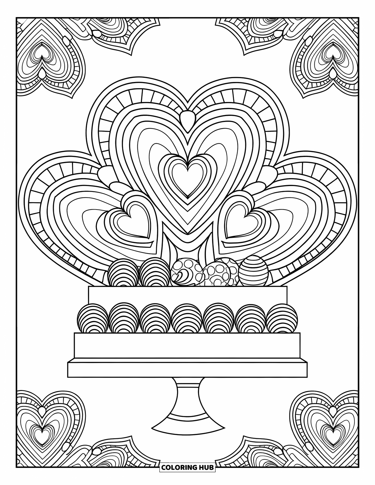 Valentine Coloring Page for Adults: Chocolate box with ribbon framed by heart mandalas